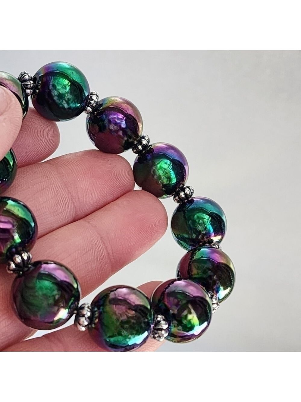 Stretch bracelet matching lot of 2 Green oil slick rainbow iridescent - Picture 4 of 4